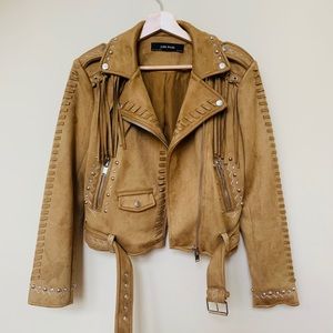 Zara Basic Camel Fringe Studded Moto Jacket
